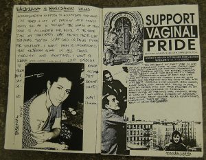 Picture of a black and white riot grrrl zine that states SUPPORT VAGINA PRIDE with pictures of women amongst the two pages of handwriten text as well as typed text. 