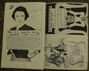 A picture of a Riot Grrrl zine. The left page is a women with her hands on her hips with the words in larger print the d.c. march for women's lives. The left page is a picture of a naked women with writing on her and a women with many legs.