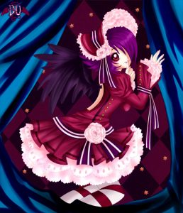 An art piece published online depicting a fantastical Lolita character with black wings and purple hair dressed in pink lace with a bonnet.