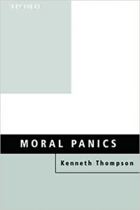 A picture of the book Moral Panics with the title in light blue writing on a light blue background.