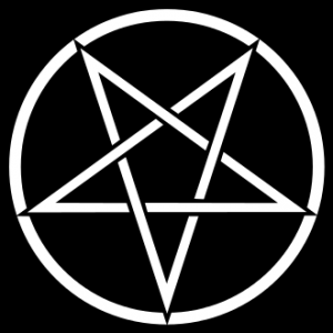 A picture of the pentagram with a black background and white star which is  satanic symbol.
