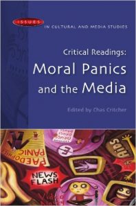 A picture of the book cover Moral Panics and the Media. The cover depicts people looking worried with the words AIDS, NEWS FLASH, and PEDOPHILE PANIC 