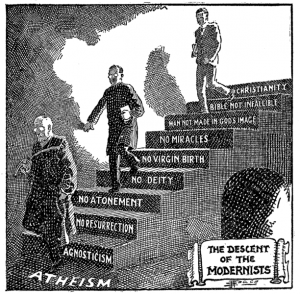 A cartoon of a man walking down a stairwell progressively passing each point that turns christianity into agnosticism. Each step is another characteristics that needs to change to evolve christianity into agnosticism.