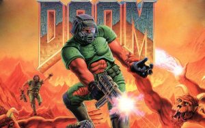 Image of a gun-wielding man in a violent struggle with a demon from the video game "Doom."