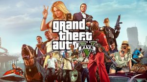 Image of many characters from Grand Theft Auto V holding guns and other weapons and being handcuffed.