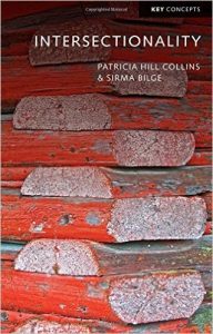 This is the front cover of Patricia Collin's book, Intersectionality: Key Concepts. The cover shows red logs that are stacked on top of one another. In the top right corner, there is text that reads, "Intersectionality", and then mentions the two authors, Patricia Hill Collins and Sirma Bilge.