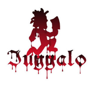 Juggalo Hatchet-man symbol with the word 'Juggalo' underneath written in a blood-like red.