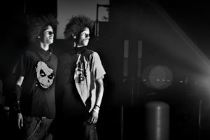 Black and white image of Les Twins during a World of Dance photo shoot