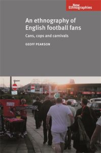The cover to Geoff Pearson's book displays a scene of hooligans on the sidewalk heading towards the stadium