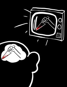 Cartoon of bloody knife on screen, person having similar thoughts