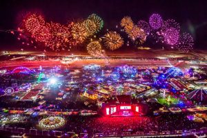 This aerial image shows the lights and fireworks of the biggest music festival in North America: Electric Daisy Carnival: Las Vegas 2016