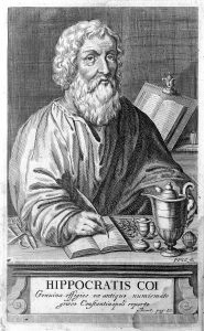 Pencil drawing of Greek physician Hippocrates writing at his desk