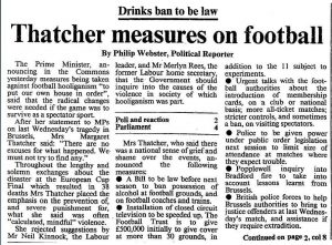 A news clipping in black and white describing Margaret Thatchers views against hooliganism in England