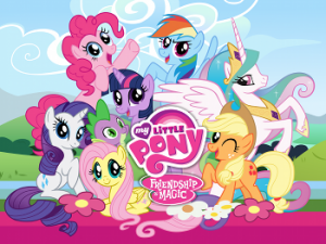 Photo of 8 of the pony characters in My Little Pony: Friendship is Magic smiling surrounded by the title of the show in pink text