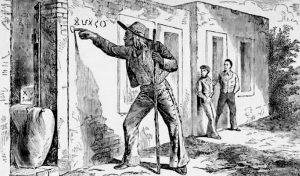 A sketch of a man with a staff writing some symbols on the side of a building. Two boys watch him in the background