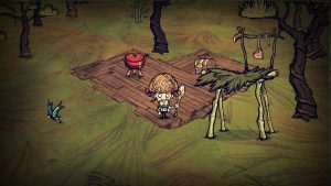 Don't starve gothic art style with character holding a spear and wearing a helmet, standing in a basic base with a stove, chest, and meat drying rack