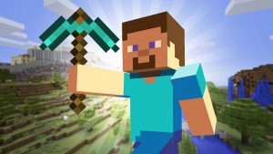 Minecraft avatar made up of blocks holding a diamond pickaxe with a Minecraft world in the background which is also made up of blocks