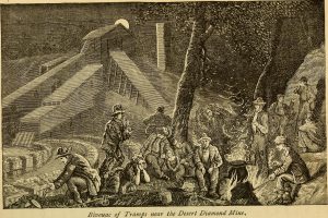 A sketch of a group of men sitting around a fire in front of a mining building. They are cooking something in a large black pot. The moon is just rising over a roof. At the bottom of the image text reads, "Bivouac of Tramps near the Desert Diamond Mines."