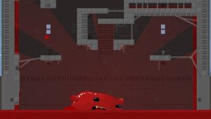 Super Meat Boy leaping on platform over a sea of red