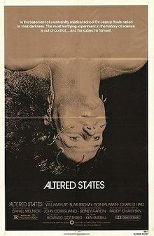 Movie poster with a man laying in a sensory deprivation tank for a 1980 film titled "Altered States" about altered states of consciousness.