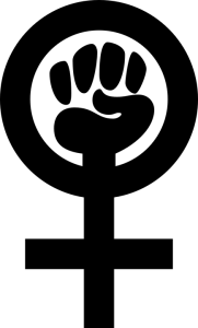 An image of the international symbol for female, but inside the circle, a clenched fist remains upright.