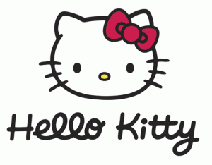  a black and white monogram of the anime character Hello Kitty, with a pink bow-tie. in the early 1980s, Hello Kitty and other anime characters became popular in the US (Eng 2012).