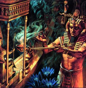Colorful painting of an Egyptian using smoke and herbs during a traditional ceremony with blue flowers and a ritualistic boat like figure. 