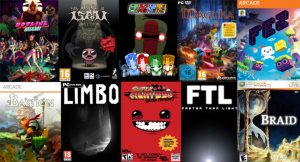 Image with 10 popular indie games store art. Games are hotline miami, binding of issac, magica, fez, bastion, limbo super meat boy, faster than light, and braid