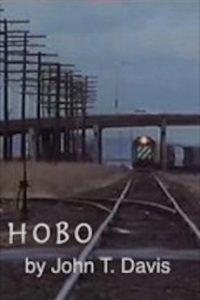 Image looking straight down train tracks with a train coming towards the camera. There is a bridge over the train with power lines in the left top corner. The bottom text reads, "HOBO by John T. Davis"