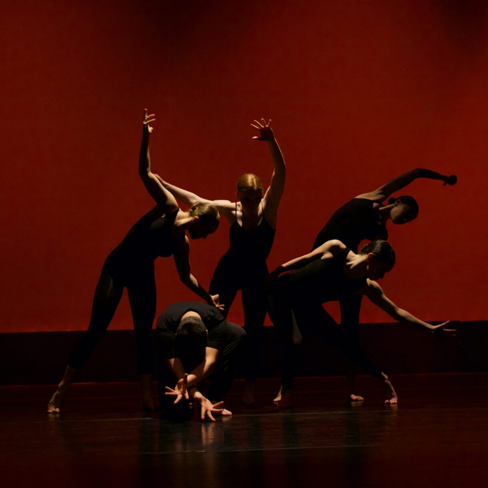 A group of dancers in close proximity and black clothing stretch their hands and bend their knees in various ways.